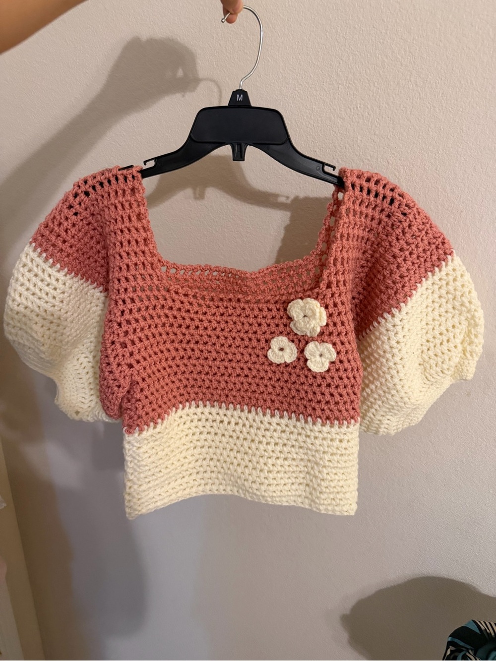 Handmade Crochet Puff Sleeve Top - Cream & Dusty Rose